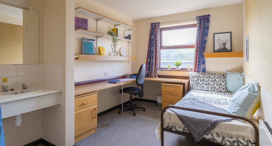 Cook and Llewellyn Mews bedroom with a single bed, long desk, drawers, shelves and a sink