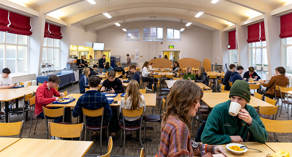 Students eating in the Dining Room at Lopes Hall