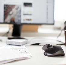 A computer mouse and keyboard placed neatly on a wooden desk, showcasing a tidy workspace.